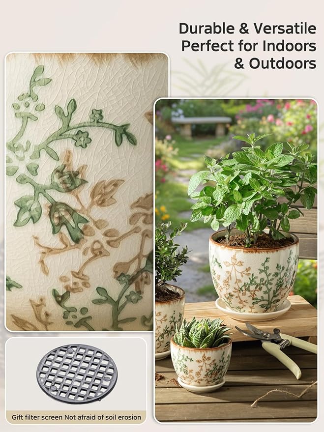 Ceramic Plant Pots, Nursery Pots with Drainage Hole, 3.5 Inch Succulent Pots for Plants, Small Indoor Flower Pots, Modern Decorative Planters for House Plants, Garden Planters, White Green