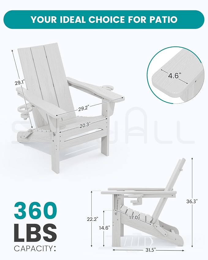 SERWALL Modern Folding Adirondack Chair Set with 9 Ft Umbrella, Folable Adirondack Chairs Set of 2 with Cup Holders, HDPE Fire Pit Chairs for Patio Lawn Garden, White (Umbrella Base is not Included)