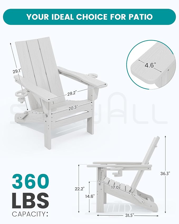 SERWALL Modern Folding Adirondack Chair Set of 2, All Weather Resistant Outdoor Adirondack Chair with Cup Holders, HDPE Adirondack Chair for Patio Lawn Garden, White
