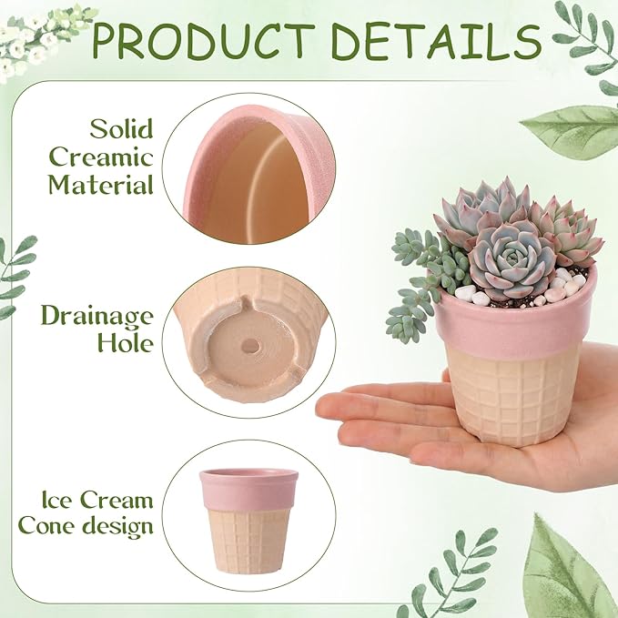 6 Pcs Ice Cream Cone Flower Planter 6 Assorted Colors 2.8 Inch Small Ceramic Pots for Mini Plant Succulent Cactus Flower Tillandsia Air Fern Home Office Desktop Decor