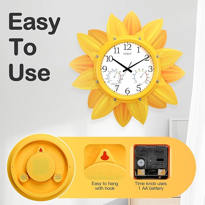 OCEST 24 Inch Outdoor Wall Clock, Waterproof Sunflower Clock with Thermometer & Hygrometer, Silent Non-Ticking Metal Petal Design for Patio, Garden, Pool, Garage