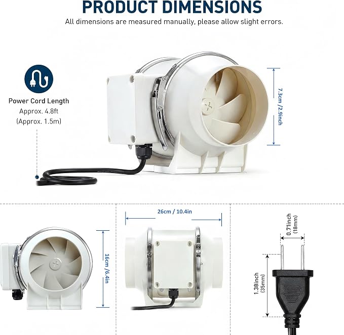 3inch Inline Duct Fan | 110 CFM, Ventilation Exhaust, Vent Bathroom, Kitchen, Grow Tent, Hydroponics, 3D Printer, Duct Intake Extractor