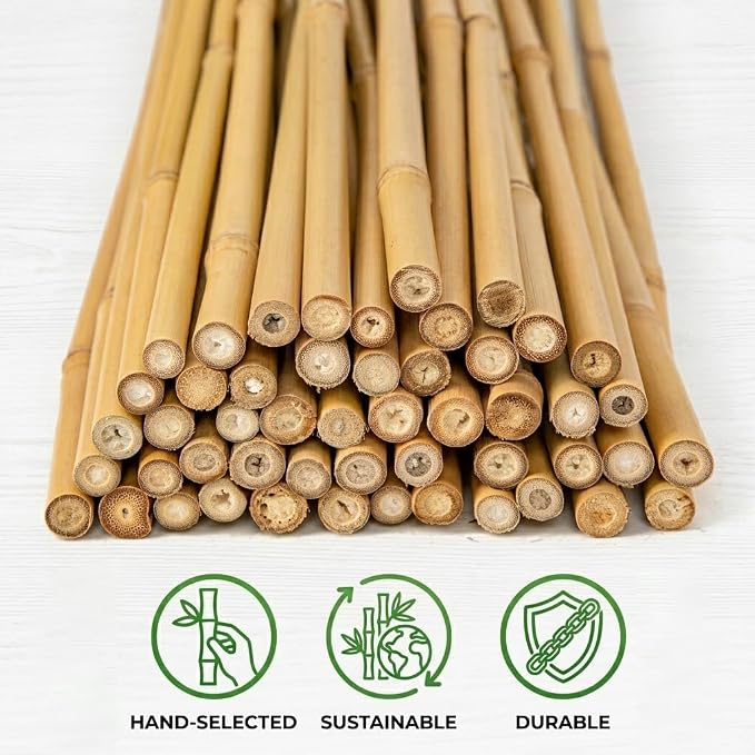 Plant Stakes Natural Bamboo Sticks - 50 Pcs Bamboo Garden Stakes for Plants 18 Inches Plant Support Sticks with Twist Ties for Tomatoes Beans Orchid Flowers Indoor Outdoor Potted Climbing Plants