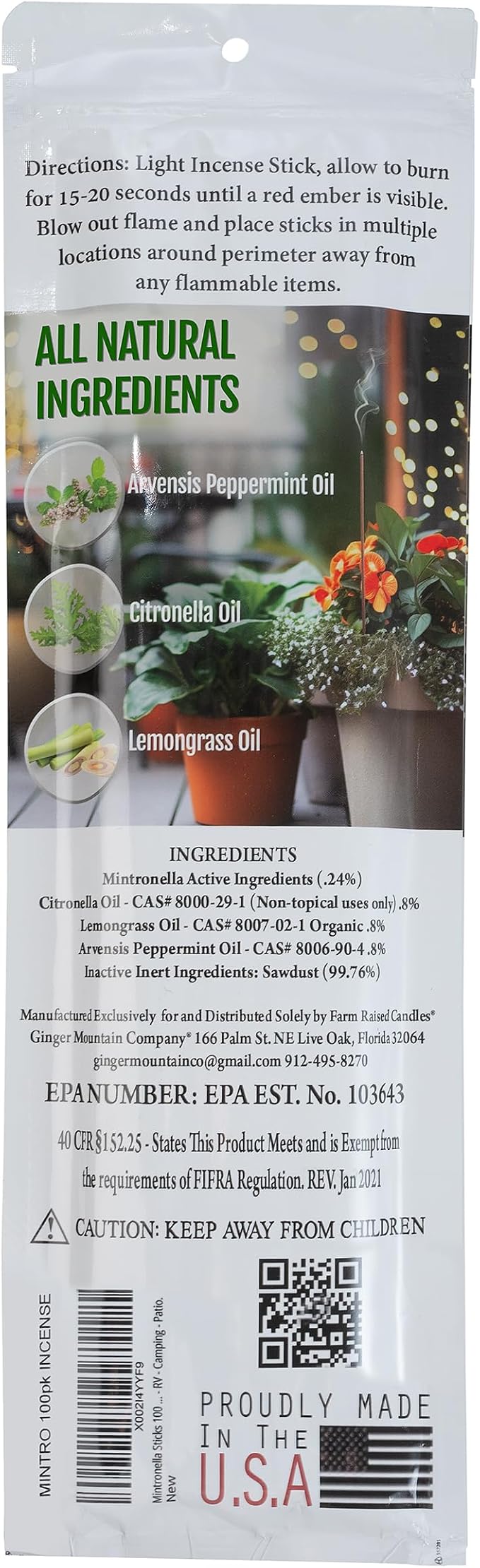 Mintronella USA Made Citronella & Peppermint Mosquito Repellent Incense Sticks – 100 Pack – Natural Bug & Insect Repellent – Outdoor Camping, Patio Decor – No‑See‑Um & Gnats, Fly