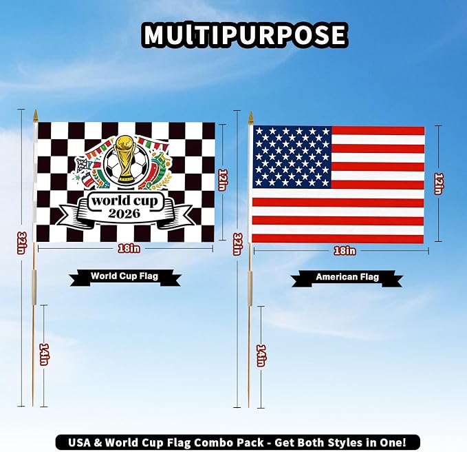 American Flags on Stick, 12x18 Inch 50 Pack Handheld US Stick Flags with Adjustable Pole, Safe Round Spear Top Small American Hand Flags for Sports Events & Holiday Celebrations