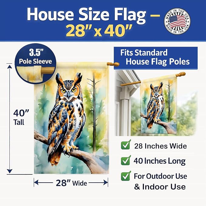 Caroline's Treasures Great Horned Owl House Flag Large Porch Sleeve Pole Decorative Outside Yard Banner Artwork Wall Hanging, Polyester, House Size, Multicolor