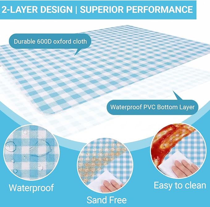 Waterproof Foldable Picnic Blanket Outdoor with Carry Strap,80"x80" Extra Large Beach Blanket Sandproof,Portable Soft Gingham Picnic Mat for Camping Travel Hiking Family Concerts Park(Blue)