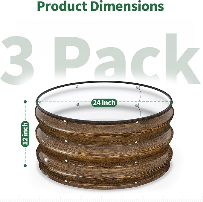 Kesfitt Round Metal Raised Garden Bed, 2x2x1 FT, 12-Inch Deep Galvanized Steel Garden Bed with Open Bottom for Vegetables & Herbs, Walnut Finish, 3 Pack