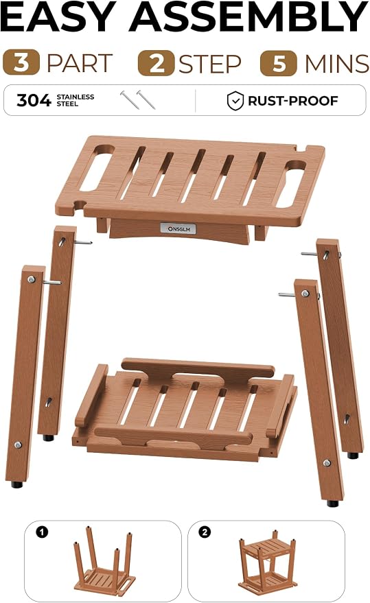 Shower Bench Seat, Non-Slip Shower Benches for Inside Shower to Sit on, HDPE Waterproof Shower Stool for Shaving Legs, Shower Chair with Adjustable Feet for Bathroom, Indoor/Outdoor Use, Teak