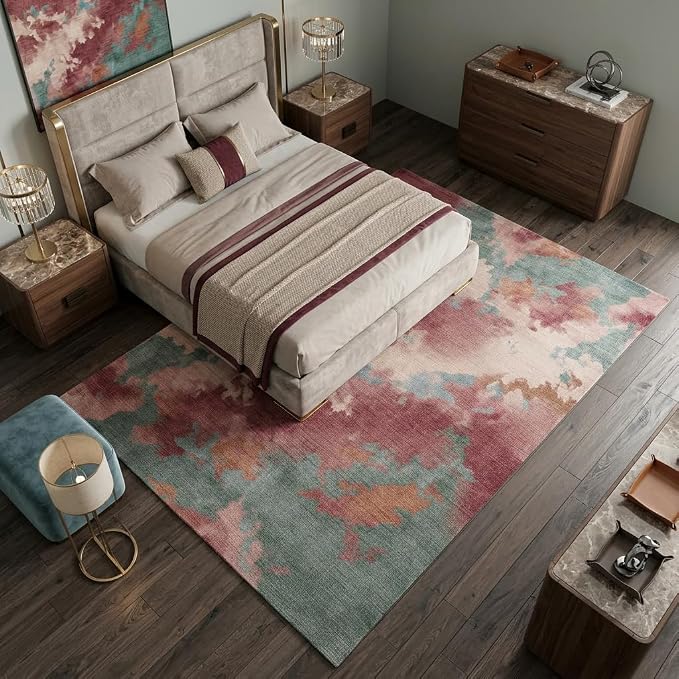5x7 Pink, Green and Cream Modern Abstract Watercolor Area Rug | Washable non-slip low-pile faux cashmere rug for living rooms, bedrooms and home offices; soft, foldable and easy to clean.