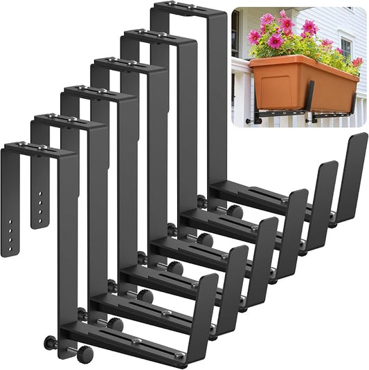 Window Box Brackets, Adjustable Planter Box Brackets, Heavy Duty Iron Flower Box Brackets for Railings, with Enhanced Bottom Support - Perfect for Balconies, Fences, and Gardens (Black, 6 Pack)