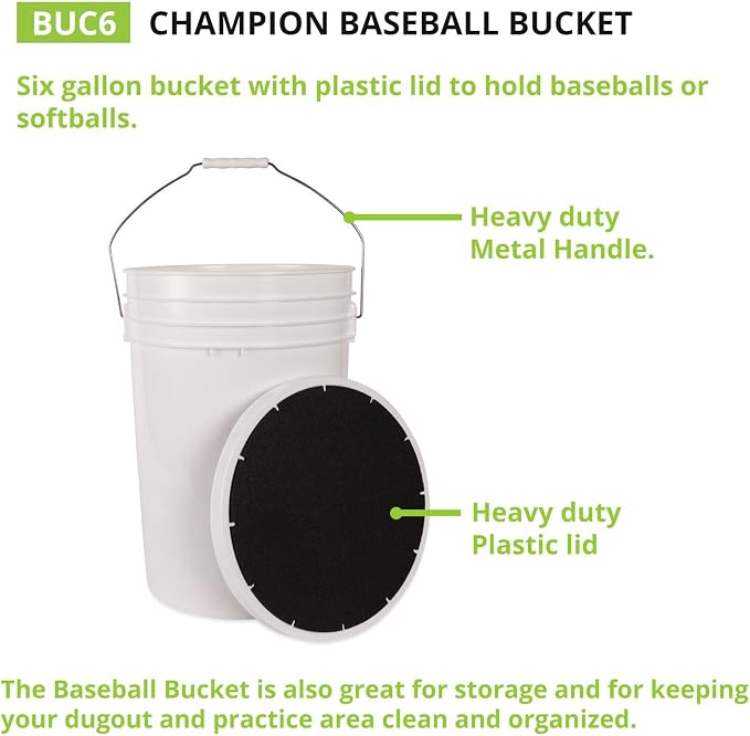 Champion Sports 6 Gallon Bucket with Padded Soft Seat Lid - Durable Construction - Balls Not Included - Ideal for Baseball, Softball, T-Ball, Practice Balls, and Lacrosse – White