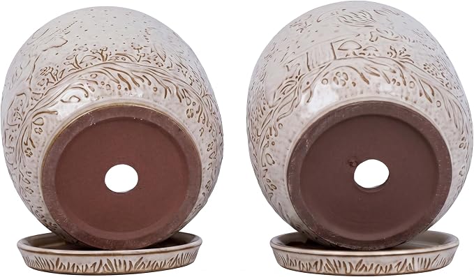 Claybourne Embossed Terracotta Plant Pots with Drainage Hole & Saucer, 4/6/8 Inch, Indoor/Outdoor Planter with Pebbles (White（Forest Elf）, 6 inch)