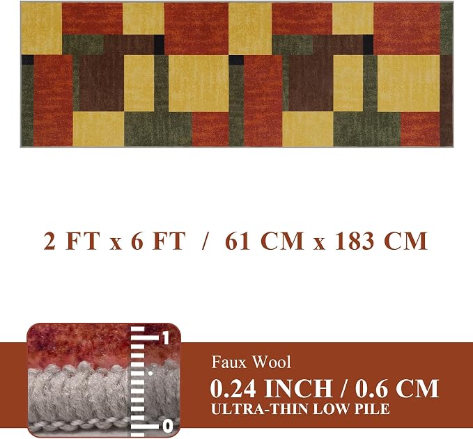 Red and Green Runner Rug 2x6 for Hallway, Burgundy Farmhouse Vintage Rugs Washable,Burnt Orange Area Rug Non Slip,Geometric Boho Area Rug for Kitchen
