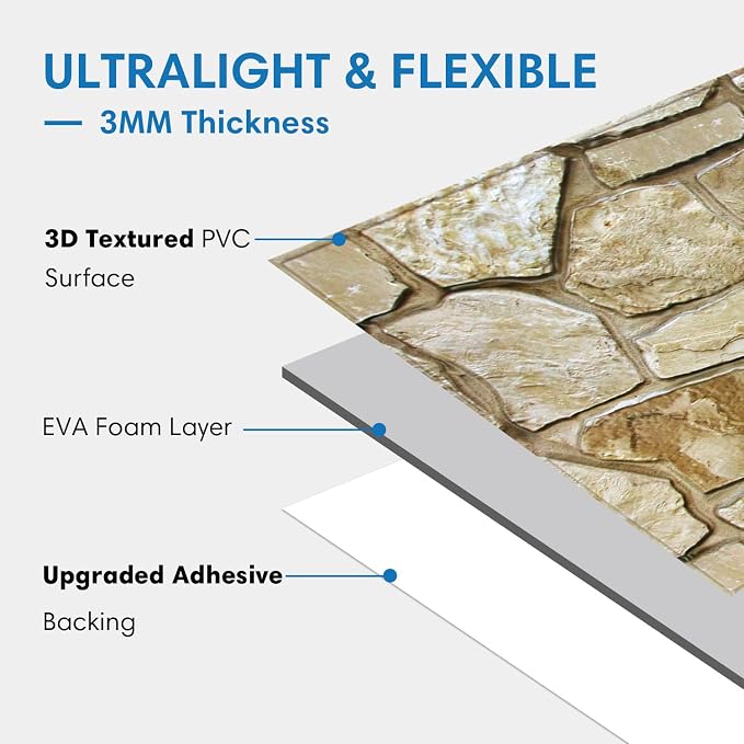COMSTICKC 3D Faux Stone Wall Panels Peel and Stick Decorative Tiles, 12 Pcs 22.8" x 11.8", DIY UrltraLight PVC Fake Stone Wall Covering Stickers for Kitchen, Living Room Background, Covers 22.48 sq.ft