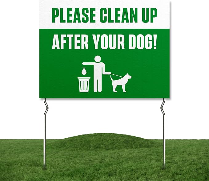 Please Clean Up After Your Dog! Yard Sign by DC | 24"x18" Double Sided Pets Garden Sign with 13” Metal Stakes | Outdoor Signs Waterproof for Lawn, Patio, Sidewalk & House | Set of 4 | Made in USA