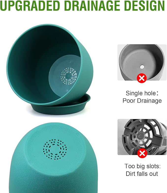 WSMKSZ 9/8/7.5 inch Flower Pots, 3 Pack Modern Plastic Planters with Drainage Holes and Trays for House Plants, Plant Pots for Indoor Outdoor Plants, Blue Green