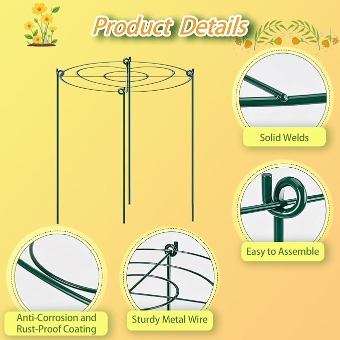 (6 Sets) Peony Cages and Supports, 16" Diameter, 4 x 24 Inches Legs, Heavy Duty Rust-Proof Grow Through Plant Support for Outdoor Flower Plants, Metal Grid Ring Hoop for Peonies, Roses, Orchids