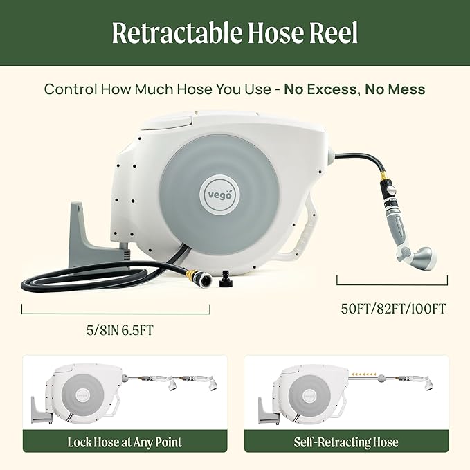 Vego Garden Hose Reel Retractable Hi-Flow Wall Mounted Hose Reel Automatic Rewind, Any Length Lock with 9 Patterns Sprayer Nozzle, Quick Connector and Adjustable shot Nozzle (Seaweed Green, 100ft)