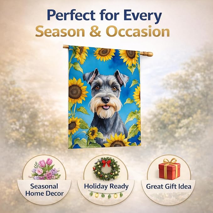 Caroline's Treasures DAC6156CHF Schnauzer in Sunflowers House Flag Large Porch Sleeve Pole Decorative Outside Yard Banner Artwork Wall Hanging, Polyester, House Size, Multicolor