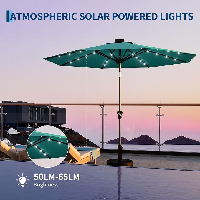 Garvee 10FT Solar Patio Umbrella with 32 LED Lights - Outdoor Table Umbrella with Crank Lift, Push Button Tilt and 8 Sturdy Ribs - Market Umbrella UV Protection for Pool, Deck, Yard, Garden -Sky Blue