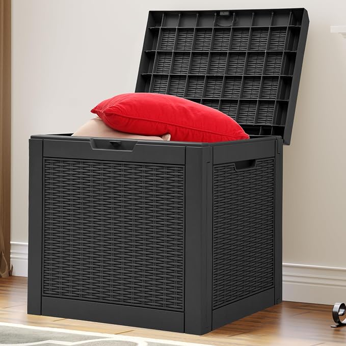 YITAHOME 32 Gallon Rattan Deck Box, Indoor Outdoor Storage Box for Patio Furniture, Pool Accessories, Cushions, Garden Tools, Sports Equipment, Waterproof Resin with Lockable Lid & Side Handles, Black