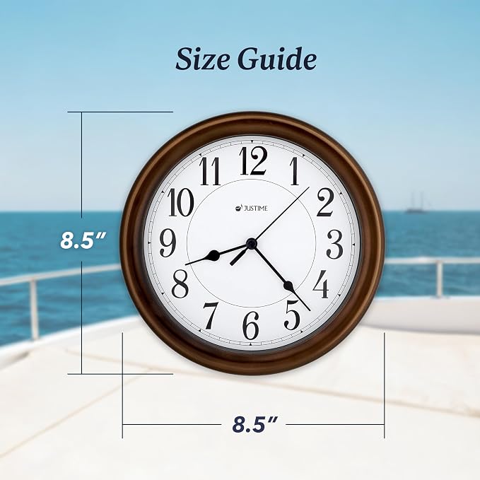JUSTIME 8.5 Inch Water-Resistant Wall Clock for Bathroom, Kitchen, Boat, RV — Silent Non-Ticking, Battery Operated, 3-Point Mount, Indoor Outdoor Analog Clock for Humid Areas & Marine Use