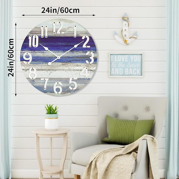 24 Inch Large Beach Blue Wall Clock, Silent Non-Ticking Battery Operated Wall Clock, Rustic Vintage Beach Coastal Wall Decor, Farmhouse Wall Clocks for Living Room, Kitchen, Bedroom