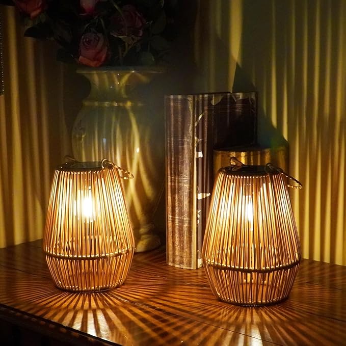 Solar Lanterns Outdoor Waterproof, KagoLing Solar Lanterns Outdoor Gifts for Women Mom Grandma Hanging Solar Lights Outdoor Handwoven Rattan Garden Decor for Outside, Patio, Yard, Porch, Lawn, 4 Pack