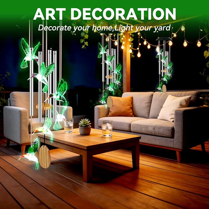 Wind Chimes for Outside, Solar Lights Outdoor Waterproof, Color Changing Hummingbird Light for Yard, Outdoor, Patio, Garden Decor, Wind Mobiles Gardening Gifts for Women, Mom, Wife, Green Hummingbird