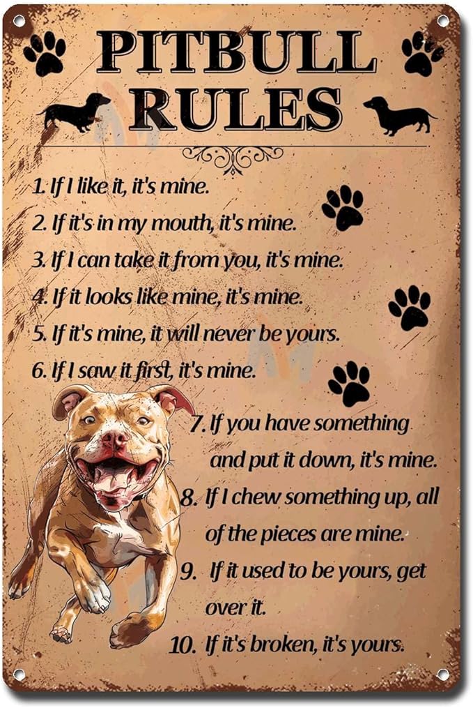 Metal Sign Tin Sign Vintage Wall Art Pitbull Rules Tin Signs for Garden for Pub 12×16 Inches
