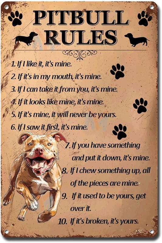 Metal Sign Tin Sign Vintage Wall Art Pitbull Rules Tin Signs for Garden for Pub 12×16 Inches