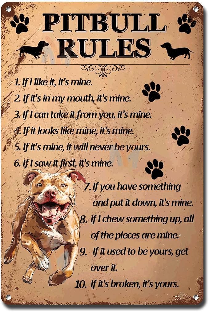 Metal Sign Tin Sign Vintage Wall Art Pitbull Rules Garage Sign for Club 8×12 Inches