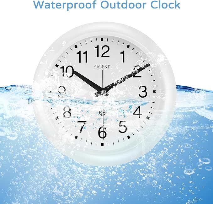OCEST 12 Inch Sealed Indoor Outdoor Clock Waterproof, Silent Battery Operated Wall Clocks Decor for Patio Pool Porch Garden (White)