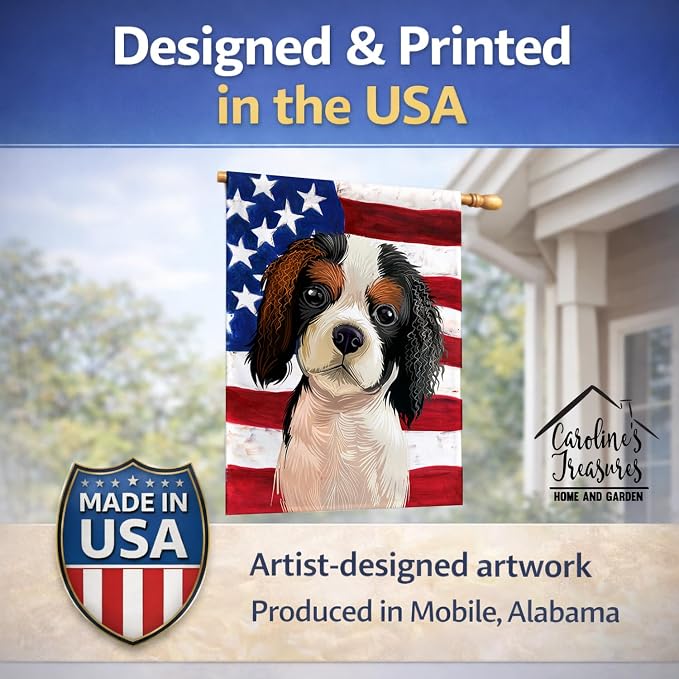 Caroline's Treasures CK6482CHF Cavalier Spaniel American Flag House Flag Large Porch Sleeve Pole Decorative Outside Yard Banner Artwork Wall Hanging, Polyester, House Size, Multicolor