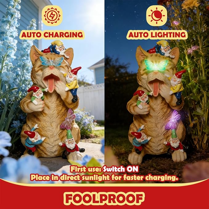 Sunthus Garden Gnome Cat Yard Art Resin Statue Décor | Solar Light Figurine For Outdoor Garden Decorations