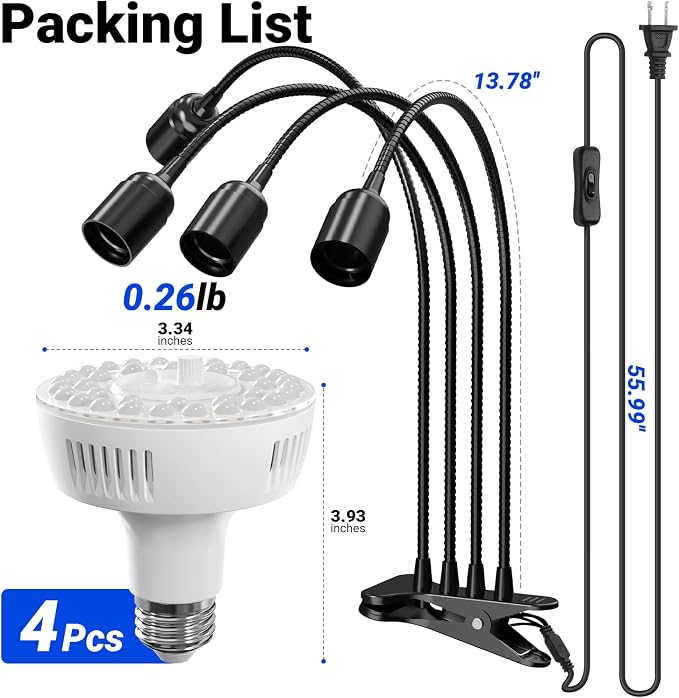 Barrina Orbgrow OG11A4 Clip On Grow Lights for Indoor Plants, Integrated Stepless Dimming & Timing, 5000K 44W(4 x 11W, 400 Watt Equiv), Full Spectrum 4-Gooseneck with E26 Plant Light Bulbs