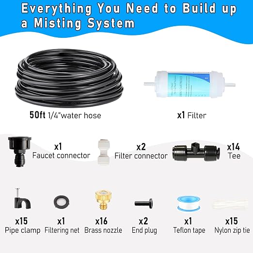 50FT Misters for Outside Patio Outdoor Misting Cooling System with Water Filter, Outdoor Mist Kit for Garden,Greenhouse,Deck,Umbrella,Canopy,Pool,Porch,Trampoline,BBQ Party
