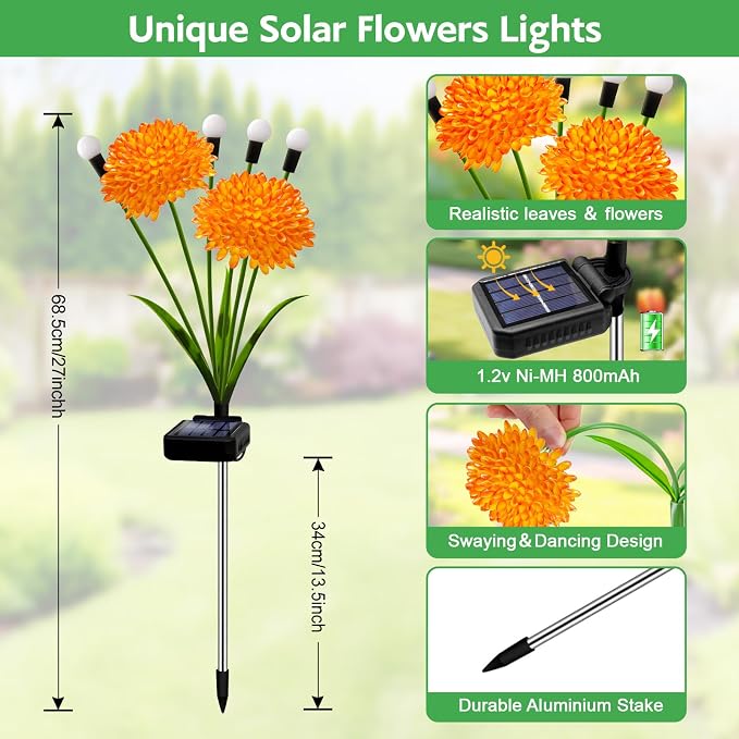 Solar Firefly Lights Outdoor Waterproof, 4 Pack Solar Flowers Swaying Lights with Flowers, Flower Light Garden Decor for Outside Yard Patio Halloween Christmas, Gifts for Women Grandma