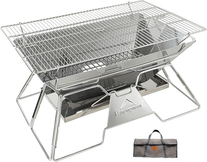 CAMPINGMOON Large Portable Campfire Fire Pit BBQ Grill Stainless Steel Foldable Collapsible Wood Burning Charcoal Grill for Heavy Duty Outdoor Cooking RV Camping, 20x13-inch, Carry Bag included MT-3