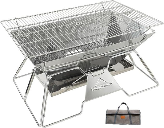 CAMPINGMOON Large Portable Campfire Fire Pit BBQ Grill Stainless Steel Foldable Collapsible Wood Burning Charcoal Grill for Heavy Duty Outdoor Cooking RV Camping, 20x13-inch, Carry Bag included MT-3