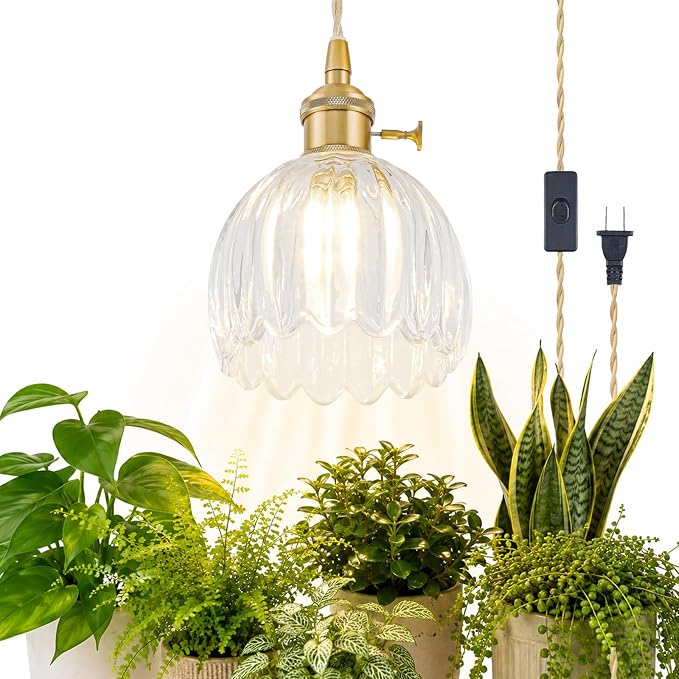 Hanging Grow Lights for Indoor Plants, 12W Full Spectrum 98+ CRI Grow Lamp, Dual CCT 3000K/4000K, Dual Switches, Pulley Height Adjustable, 13.12FT Cord, Petal Glass Plant Light for Indoor Flowers