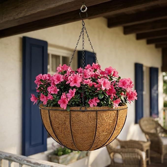 14 Inch Metal Hanging Basket with Coco Coir Liner for Flowers Planting, 4 Pack Hanging Baskets for Plants Outdoor, Round Wire Planters with Chain for Home Patio Porch Balcony Garden Decor