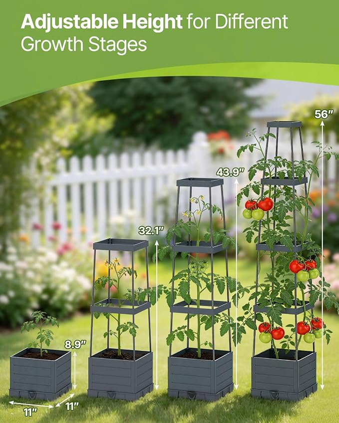 Suteck Raised Garden Bed Planter Box with Trellis, 4-Pack Self-Watering Tomato Planter with Adjustable Height Steel Support Frame for Climbing Plants, Tomato Cages for Patio, Balcony & Outdoor