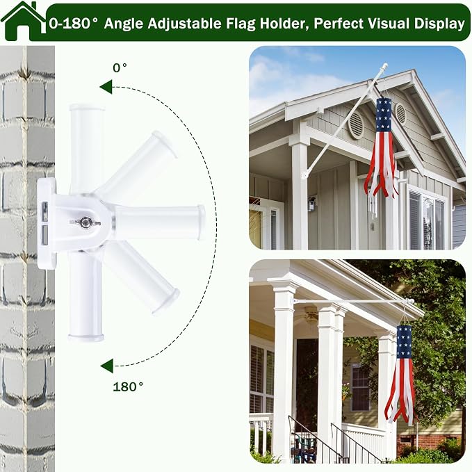 Windsocks Kit for Outside House, 4th of July Decorations US Flag 40 Inch Wind Socks with 6FT Stainless Steel Flagpole with Flag Holder and Rings (White)