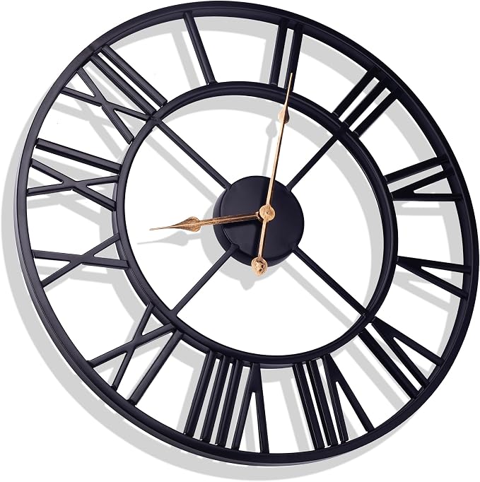 16 Inch Large Outdoor Wall Clock, Black Metal Modern Minimalist Battery Operated Silent Clock for Patio, Pool, Garden, Living Room, Kitchen, Office, Bedroom Decor with Easy to Read Numbers