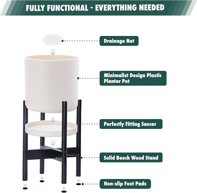 D'vine Dev Planter Pot with Stand - 14 Inch Plastic Cylinder Flower Pot with Wood Planter Holder for Indoor, Oatmeal Pot + Ebony Stand, 55-C-T-4