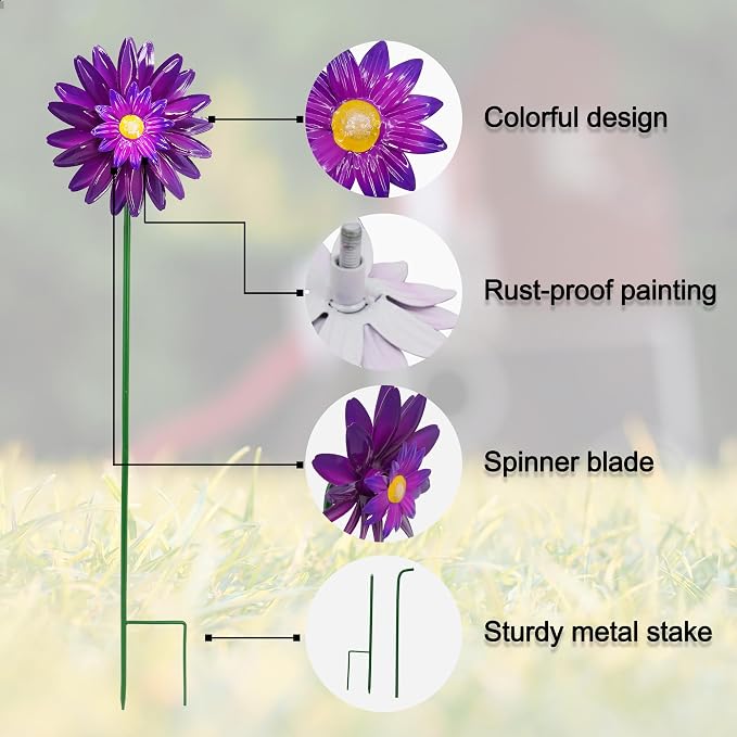 Metal Flower Wind Spinner Garden Stake Yard Art, Lawn Windmill Ornaments | WEIBEFEE; 5 Pieces;Lawn Ornament; 27 Inch Windmill Outdoor; Fade-resistant; Great gift choice; Decoration Gift