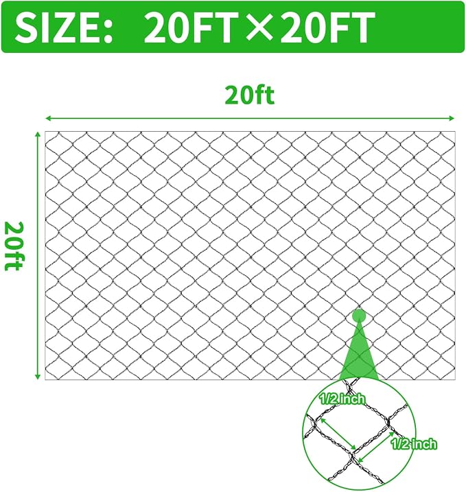 Bird Netting 20X20 FT, 1/2" Mesh, Strong Woven Garden Netting for Plants, Fruit Trees, Blueberry Bushes, Vegetables, Strawberry Protection, Against Bird, Deer, Squirres, Poultry, Small Animals