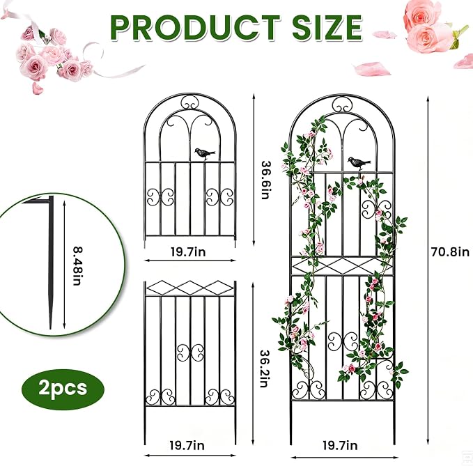 2 Pack 70.8"x19.7" Metal Gardon Trellis for Climbing Plants Flowers Outdoor, Rustproof, Heavy Duty, Black Coating Plant Support for Rose, Vines, Flowers, Perfect for Training Climbing Plants, Black